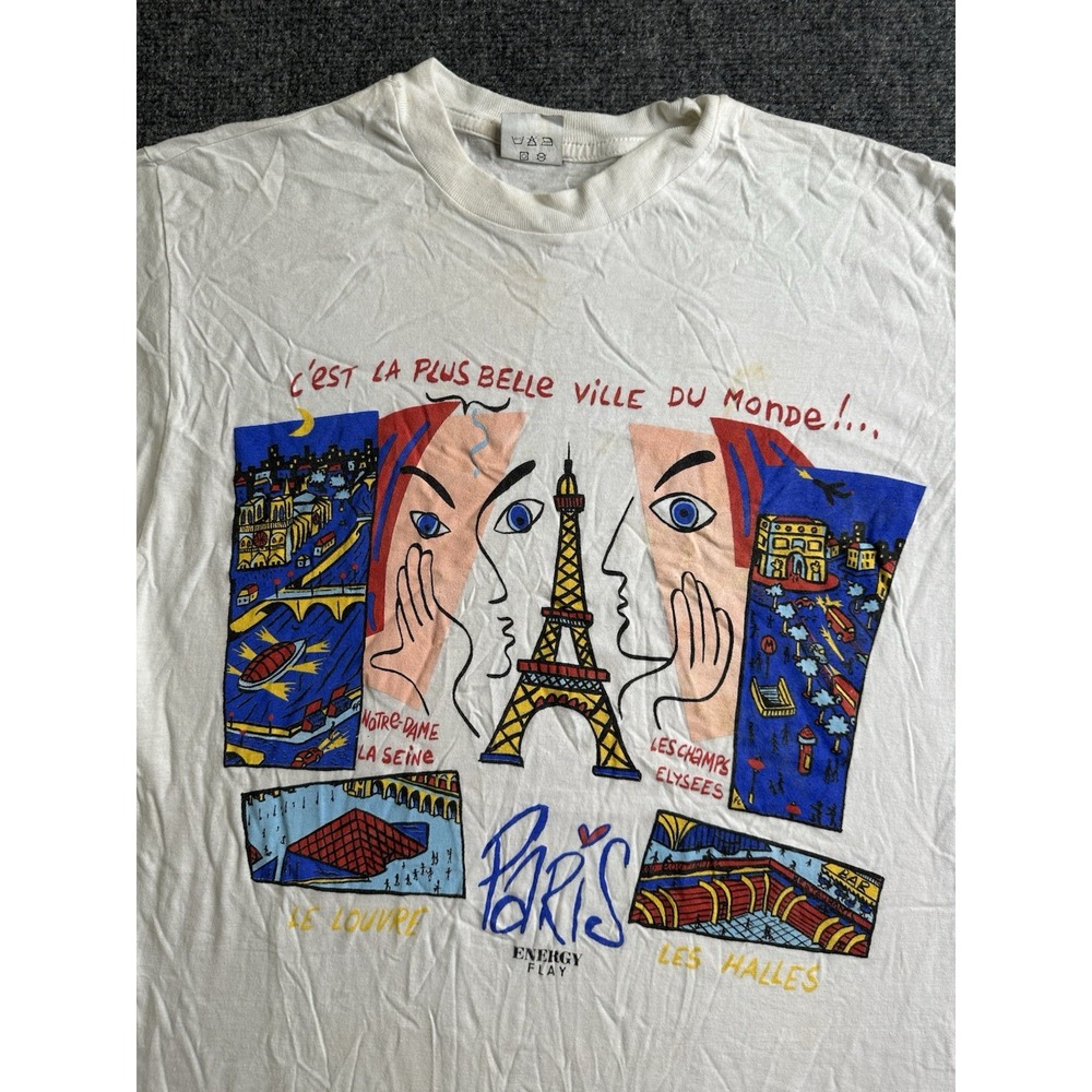Men's 90s Paris France Energy Play Graphic T-Shirt Eiffel Tower, Size L - Picture 2 of 9